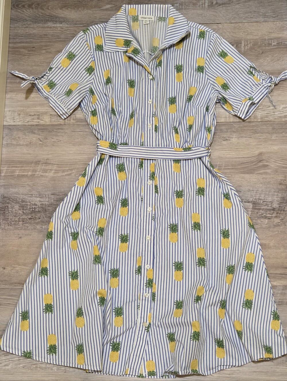 Chloe + Rene Striped Pineapple Print Button-Front Midi Dress with Tie Waist